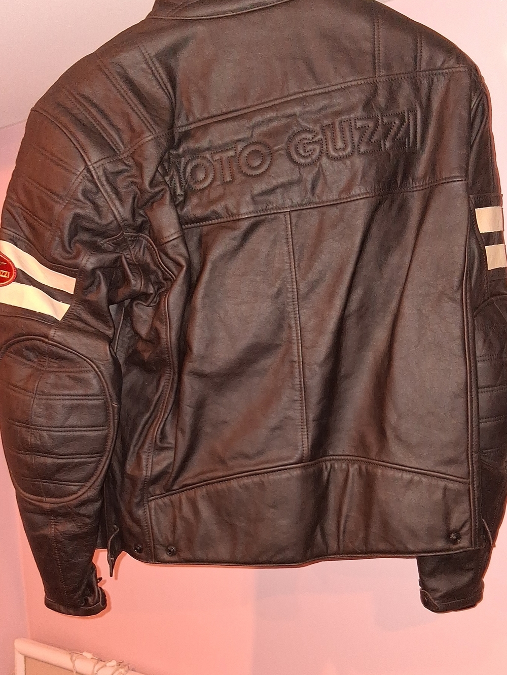 Black Leather Bomber Jacket with White Sleeve Stripes